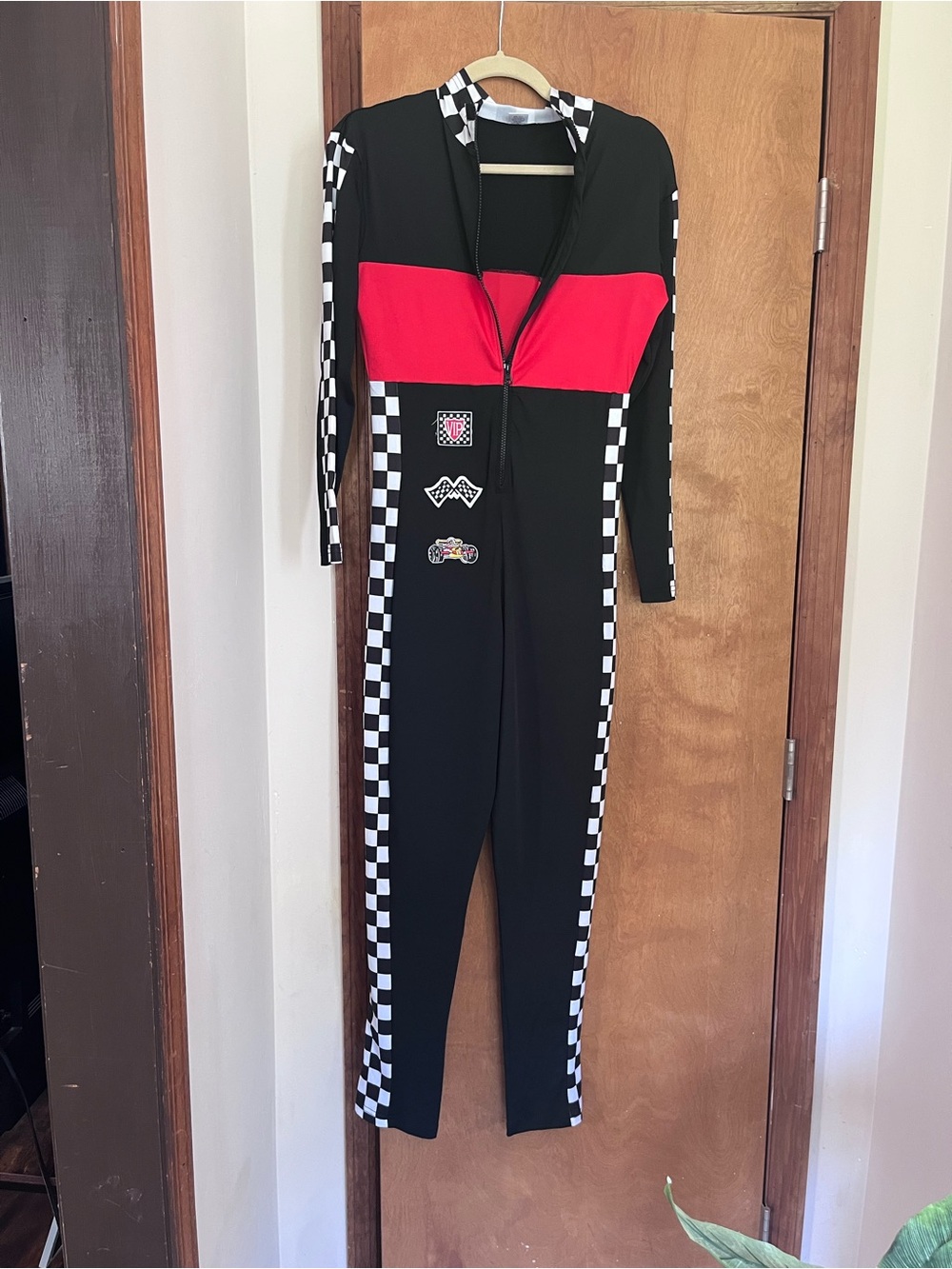 Ladies Black & Red Checkered One-Piece Halloween Racing Jumpsuit